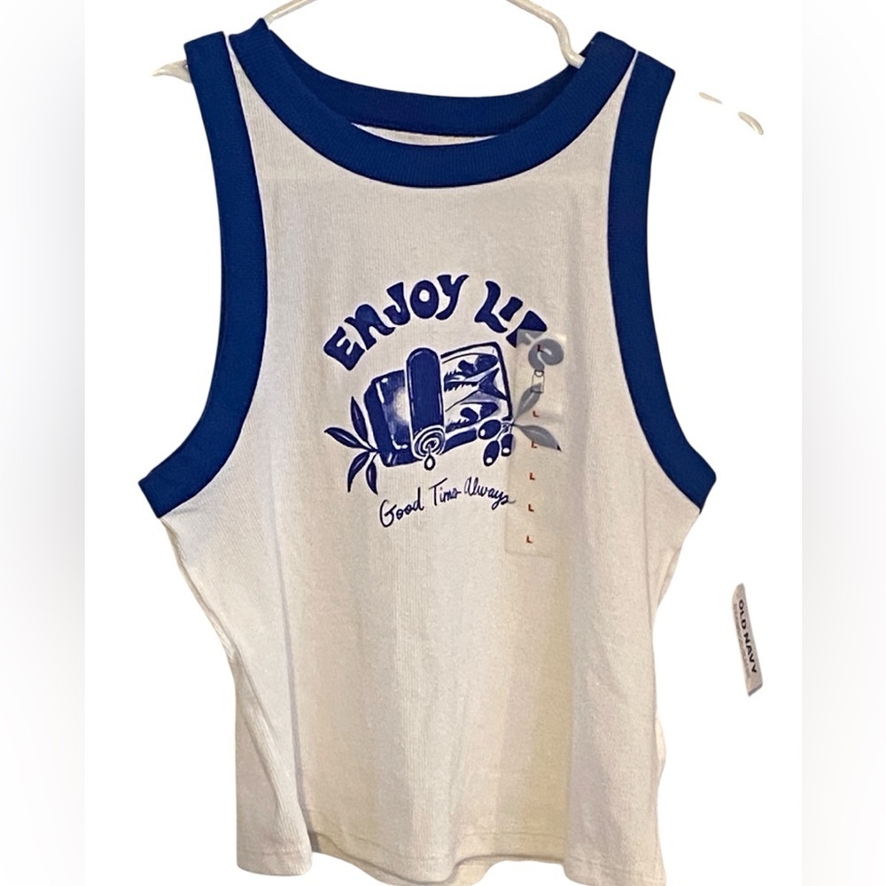 New Old Navy Blue and White Fisherman Aesthetic Graphic Tank Top coastal ontrend